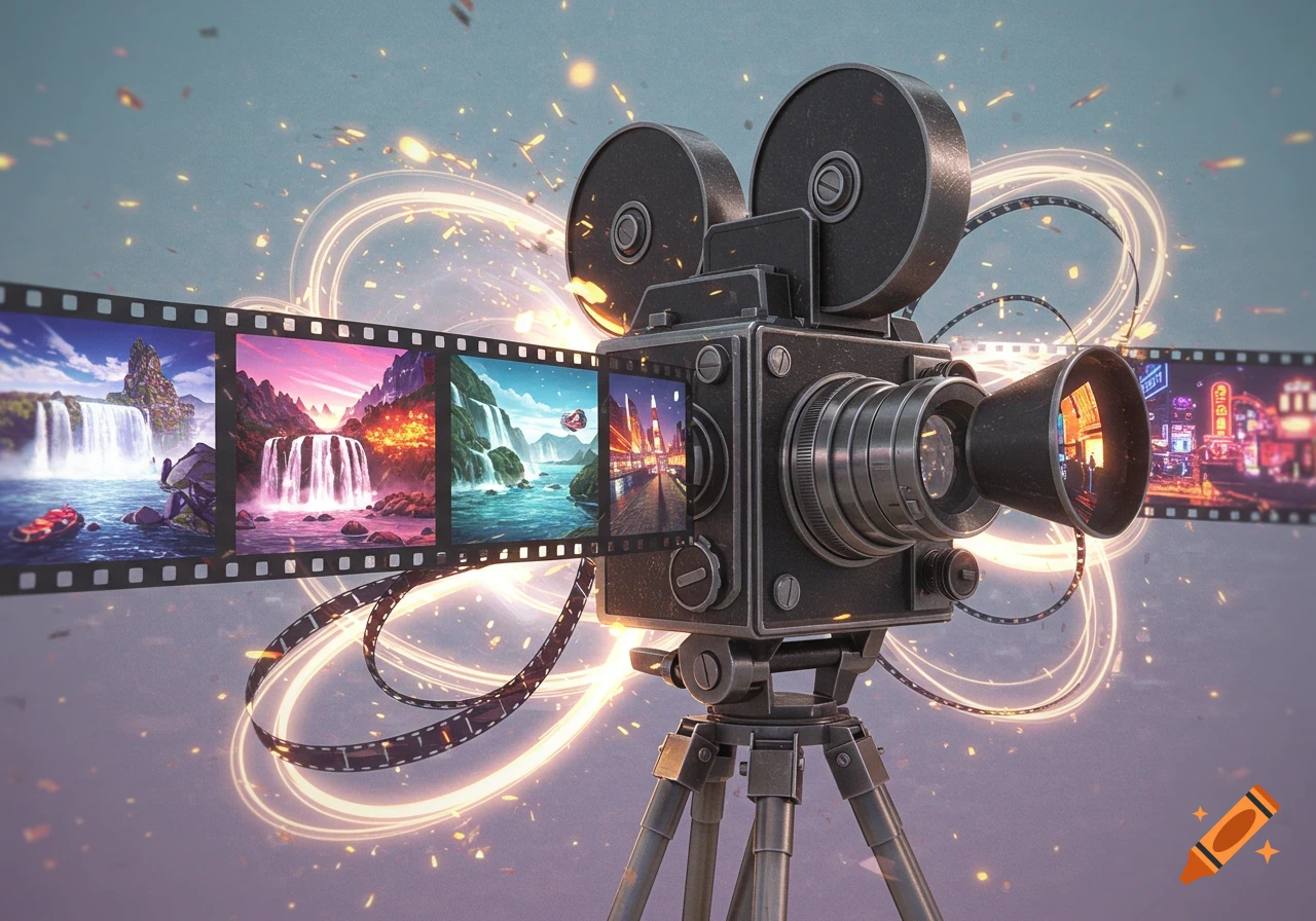 A vintage film camera on a tripod, with a film strip showing colorful waterfall and cityscape scenes and glowing light trails.