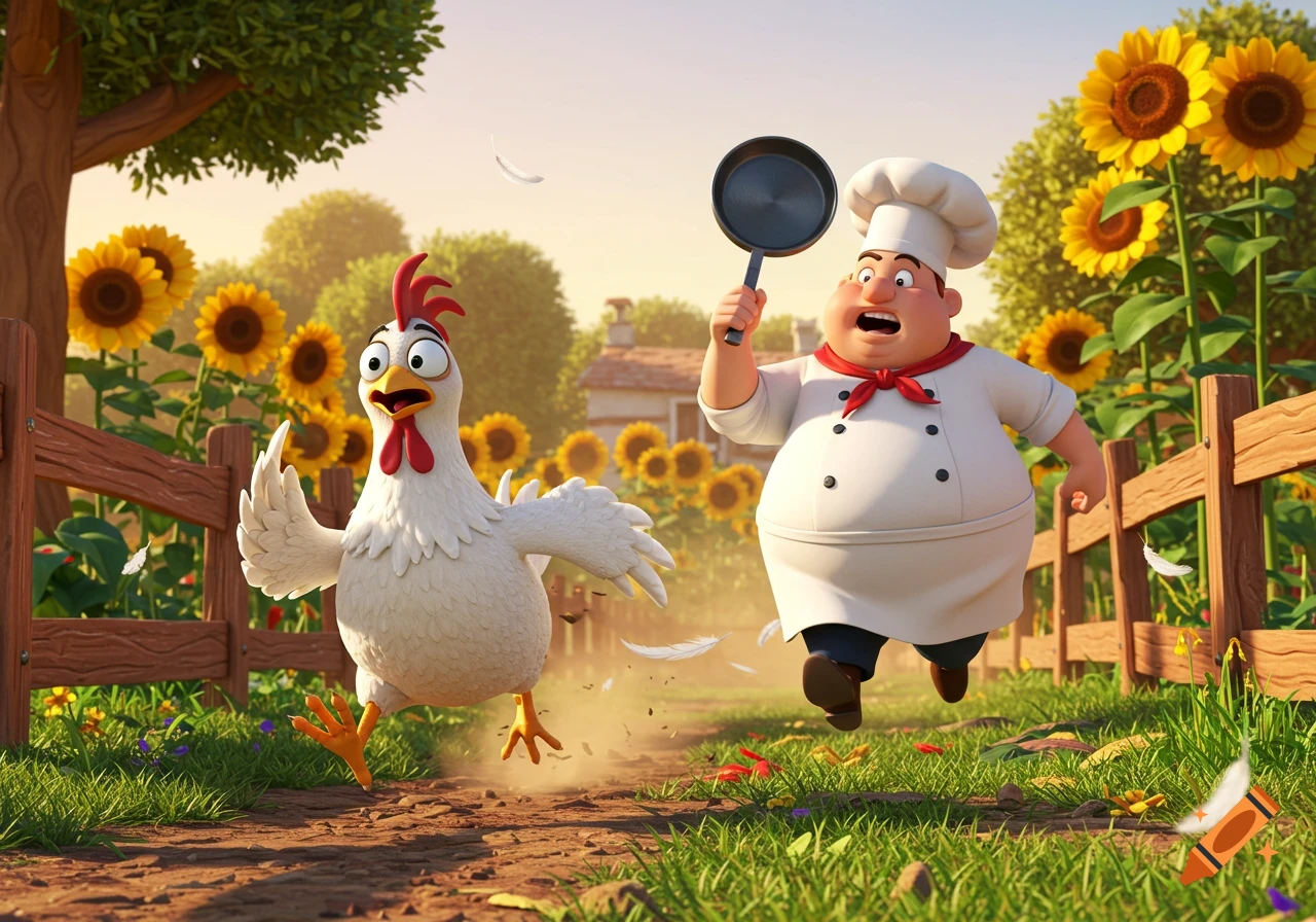 A frantic cartoon chicken flees from a chef with a frying pan through a sunny field of sunflowers, animated style.