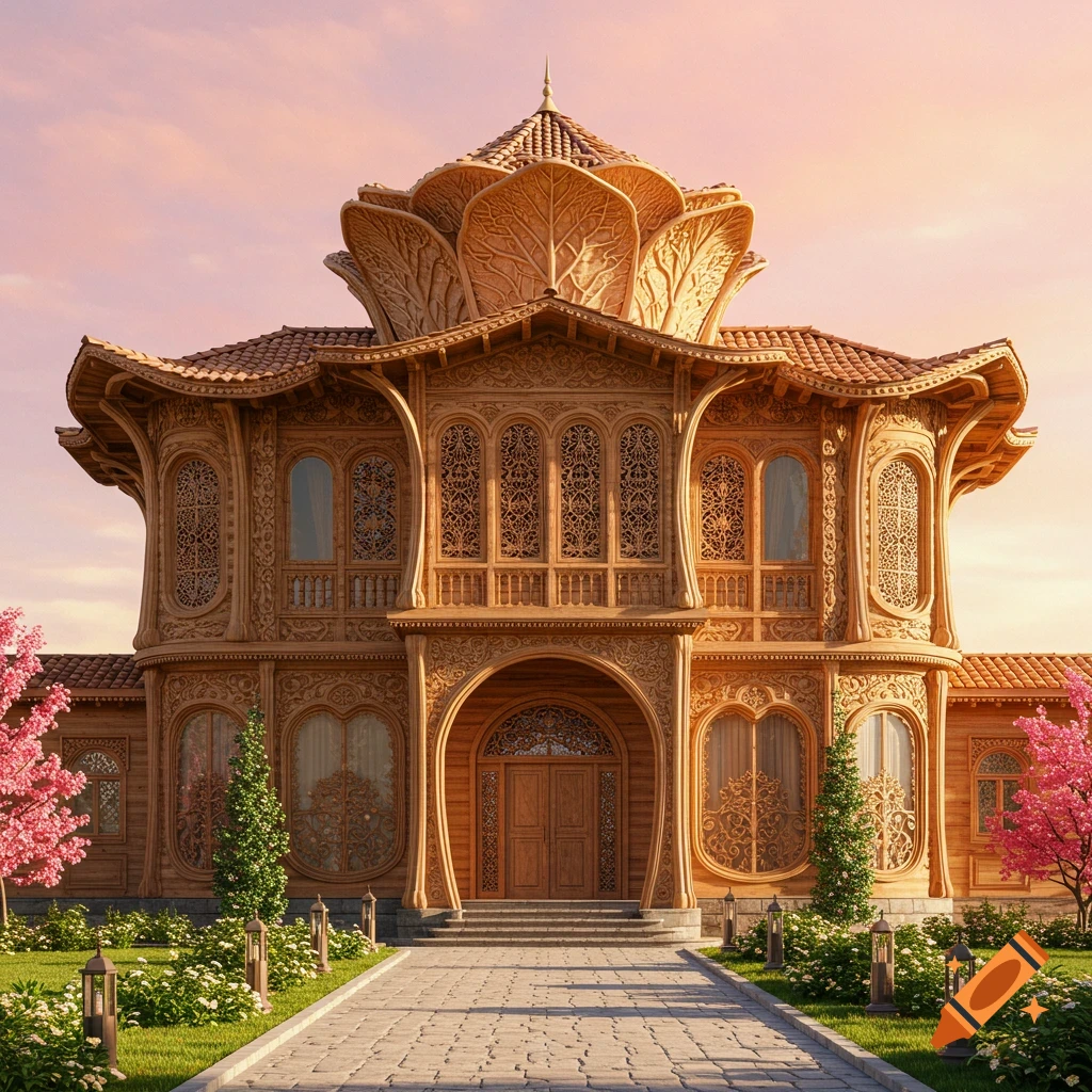 Ornate wooden house with a lotus-shaped roof and intricate carvings, a paved path, and pink blossoming trees under a pastel sky.