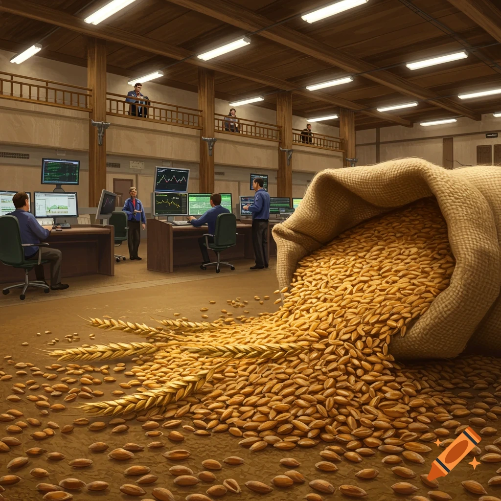 A large sack of wheat spills onto the floor of a trading office where traders sit at computer desks with graphs on screens.