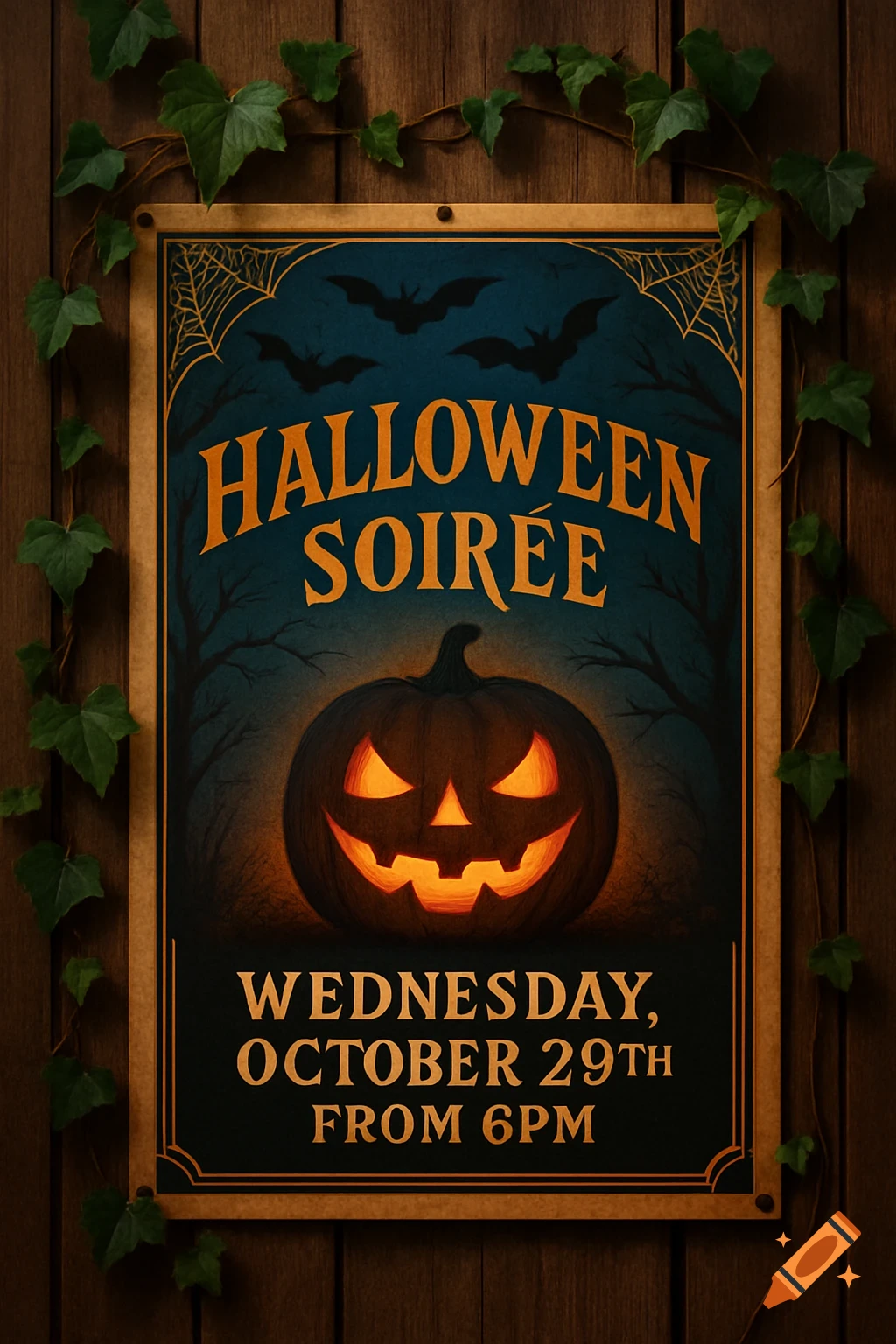 Halloween Soirée poster with a glowing jack-o'-lantern, bats, spooky trees, and event details on a wooden background with ivy.