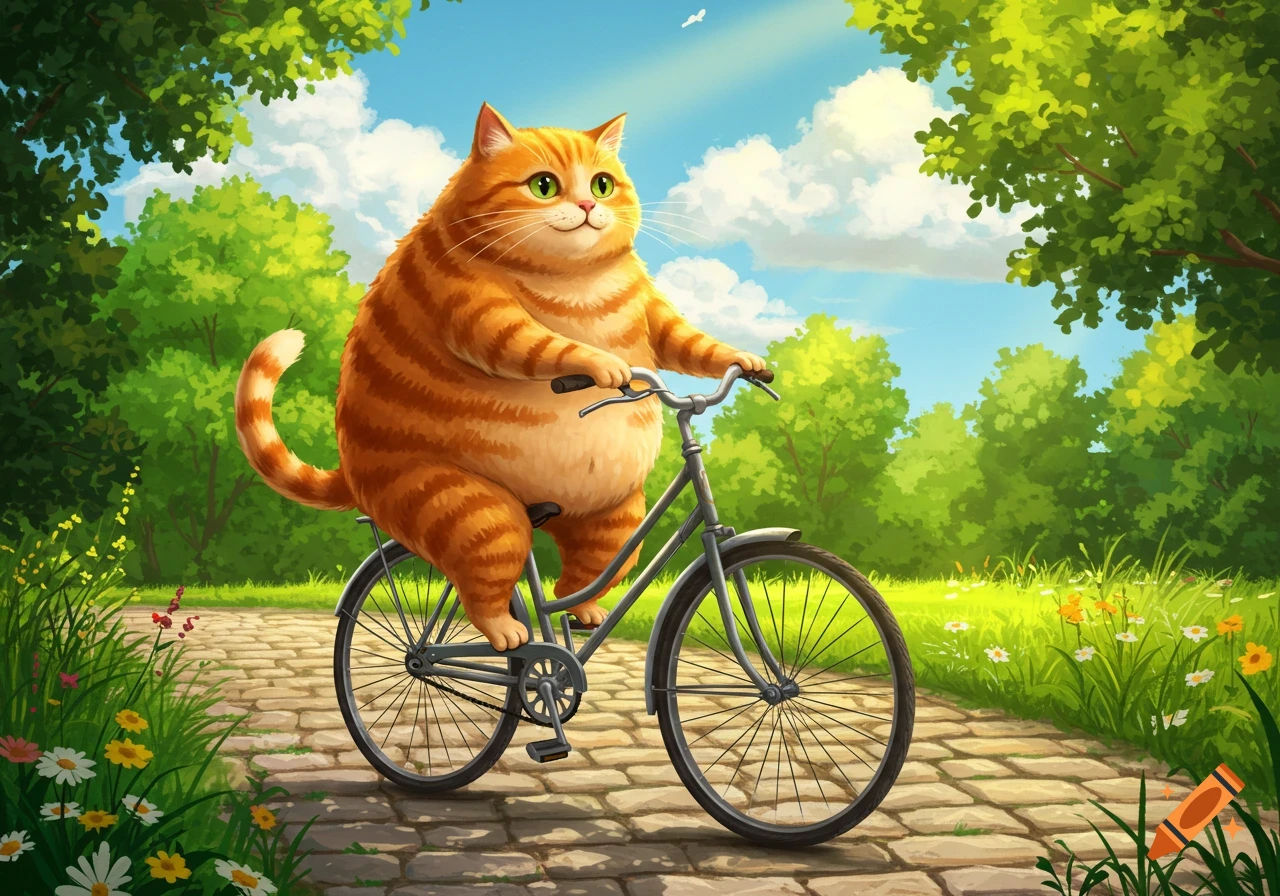 A cartoon fat orange tabby cat riding a bicycle on a cobblestone path in a sunny green park with trees.