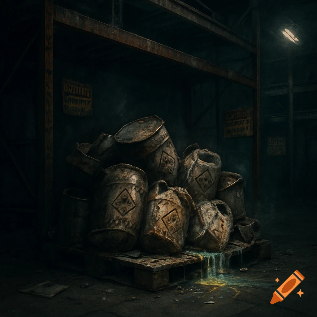 Dark, gritty image of rusty, dented chemical barrels on a wooden pallet in a dimly lit warehouse, with green and yellow liquid leaking.
