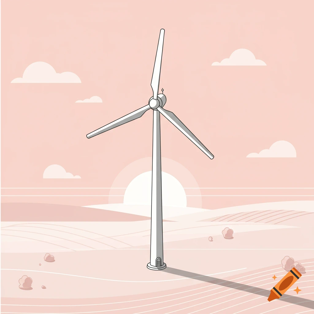 Isometric vector illustration of a wind turbine in a field under a pink sky with a rising sun.