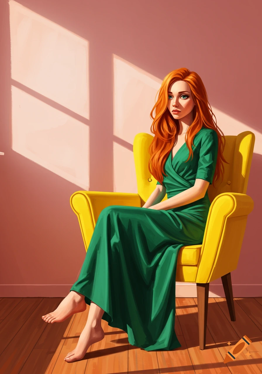 Digital illustration of a red-haired woman in a green dress sitting on a yellow armchair in a sunlit room with a pink wall.