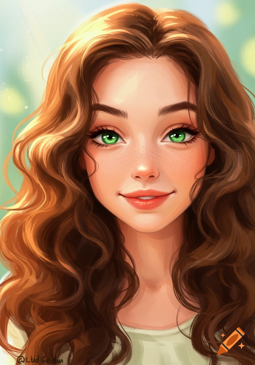 Close-up digital art portrait of a smiling young woman with long brown curly hair, green eyes, and freckles.