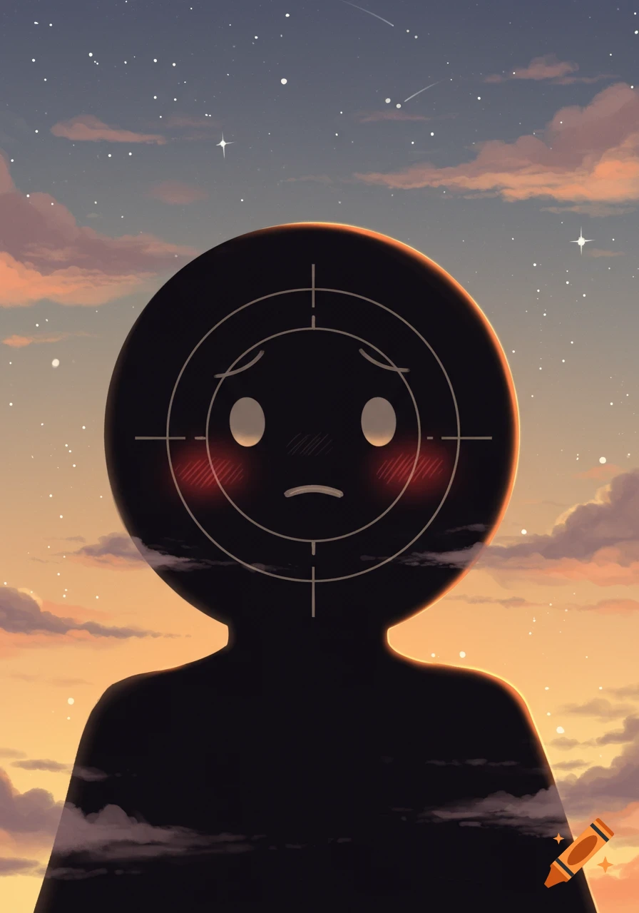 Minimalist illustration of a black silhouette with a target on its head and a shy, sad face, against a pastel sunset sky.