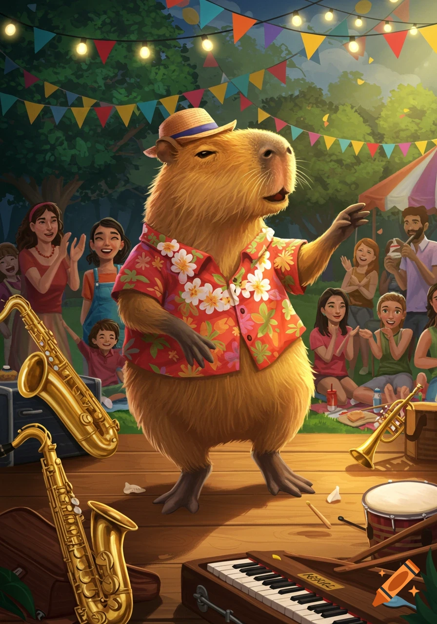 A capybara in a Hawaiian shirt and straw hat performs on a wooden stage with musical instruments, while an audience watches at night.