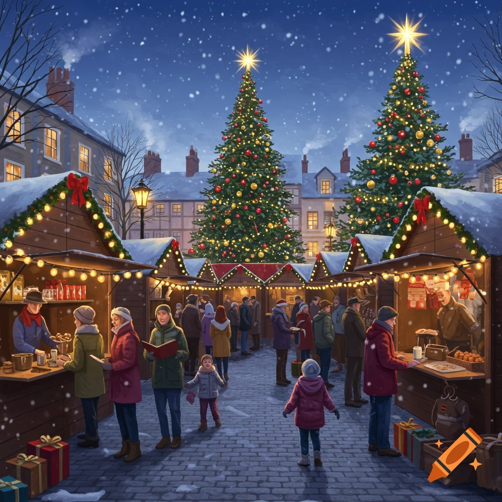 An illustration of a festive, snowy Christmas market at night with people, lit stalls, and two large decorated Christmas trees.