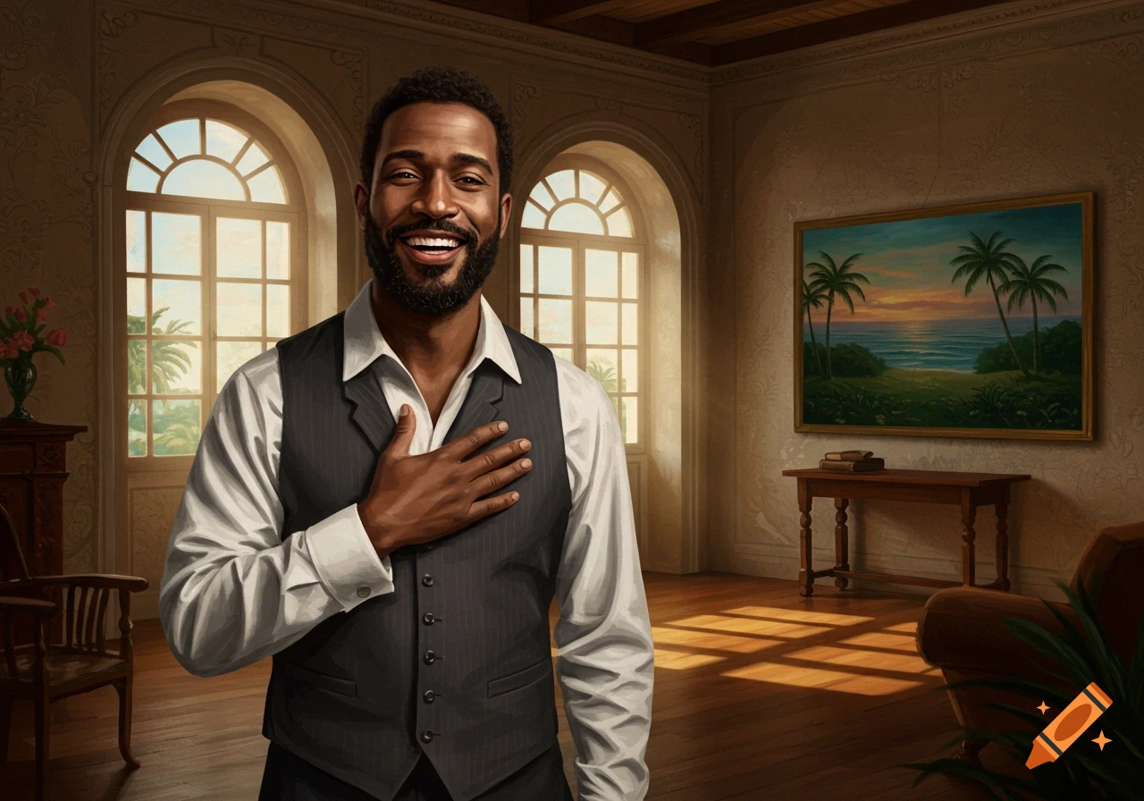 A smiling Black man in a pinstriped vest stands in a sunlit room with arched windows and a tropical painting.