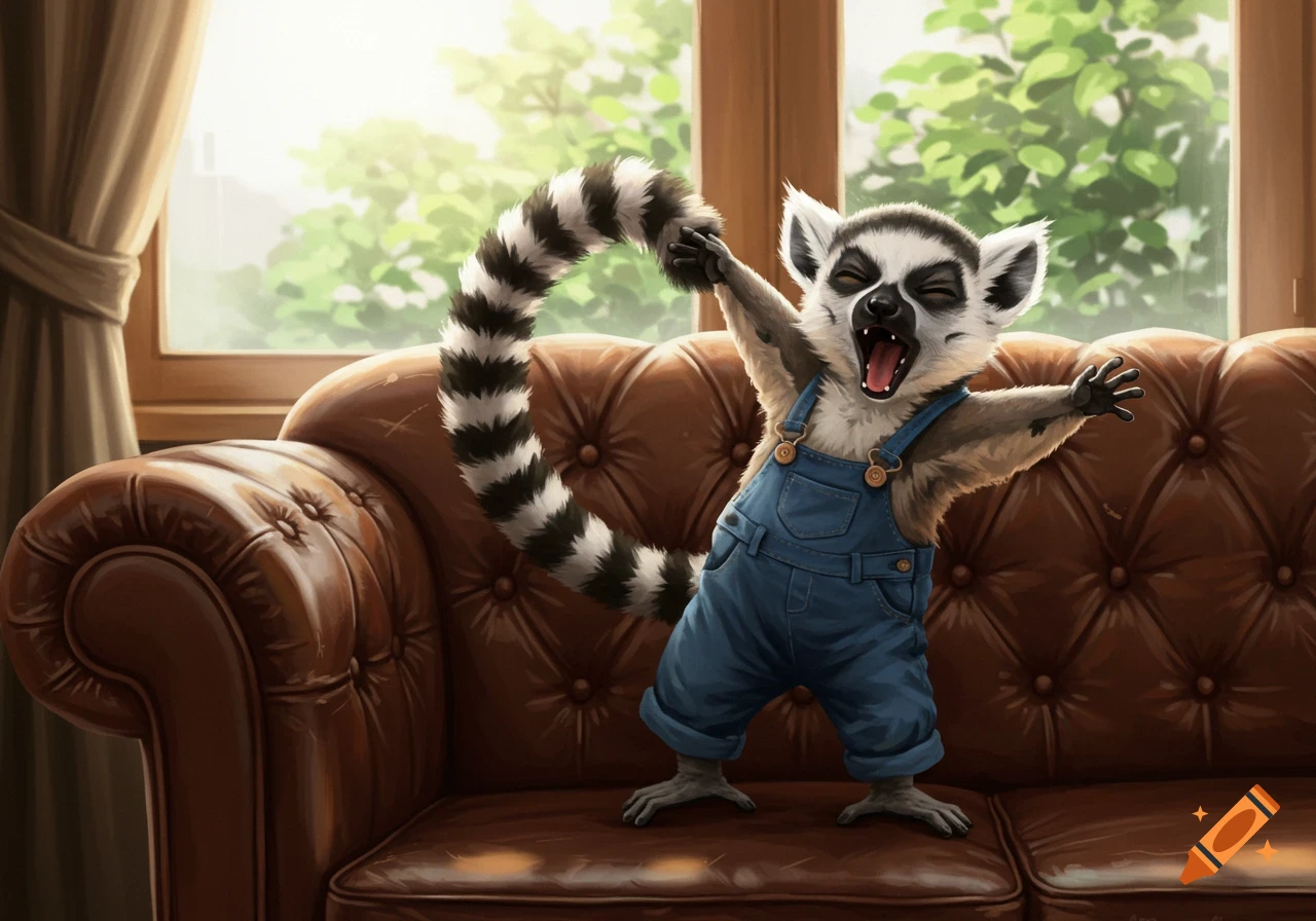 A cute lemur in blue overalls yawning widely on a brown leather couch by a window, in an illustrated style.