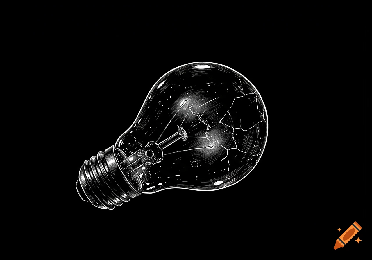 White line art illustration of a cracked light bulb with a starry, cratered interior on a black background.