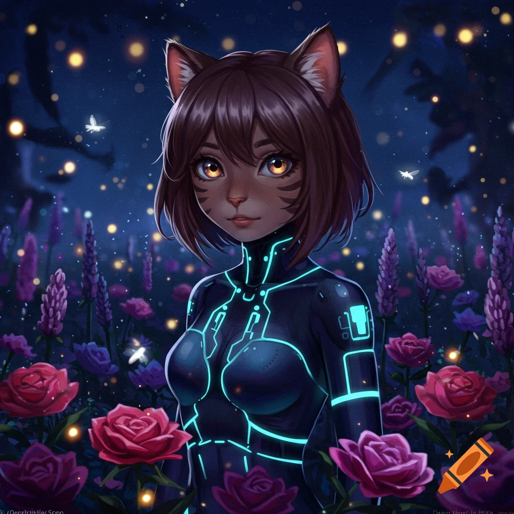 A brown-haired cat girl in a glowing tech suit stands in a vibrant, moonlit fantasy garden with luminous flowers.