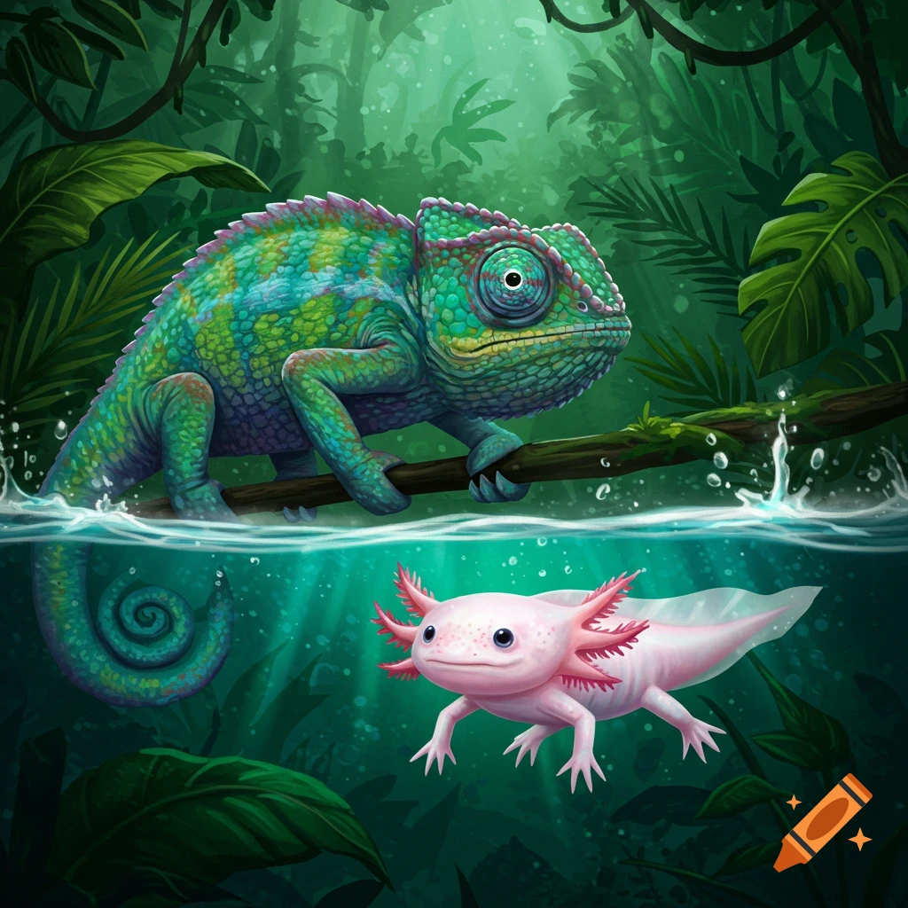 A vibrant illustration of a colorful chameleon on a branch above water, with a pink axolotl swimming below in a lush jungle environment.