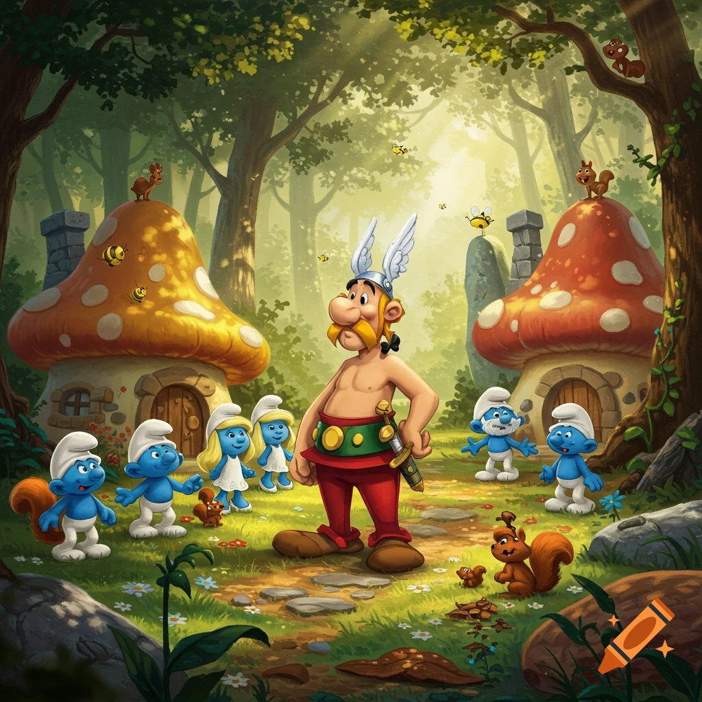Asterix stands among Smurfs in a vibrant cartoon forest with mushroom houses and squirrels.
