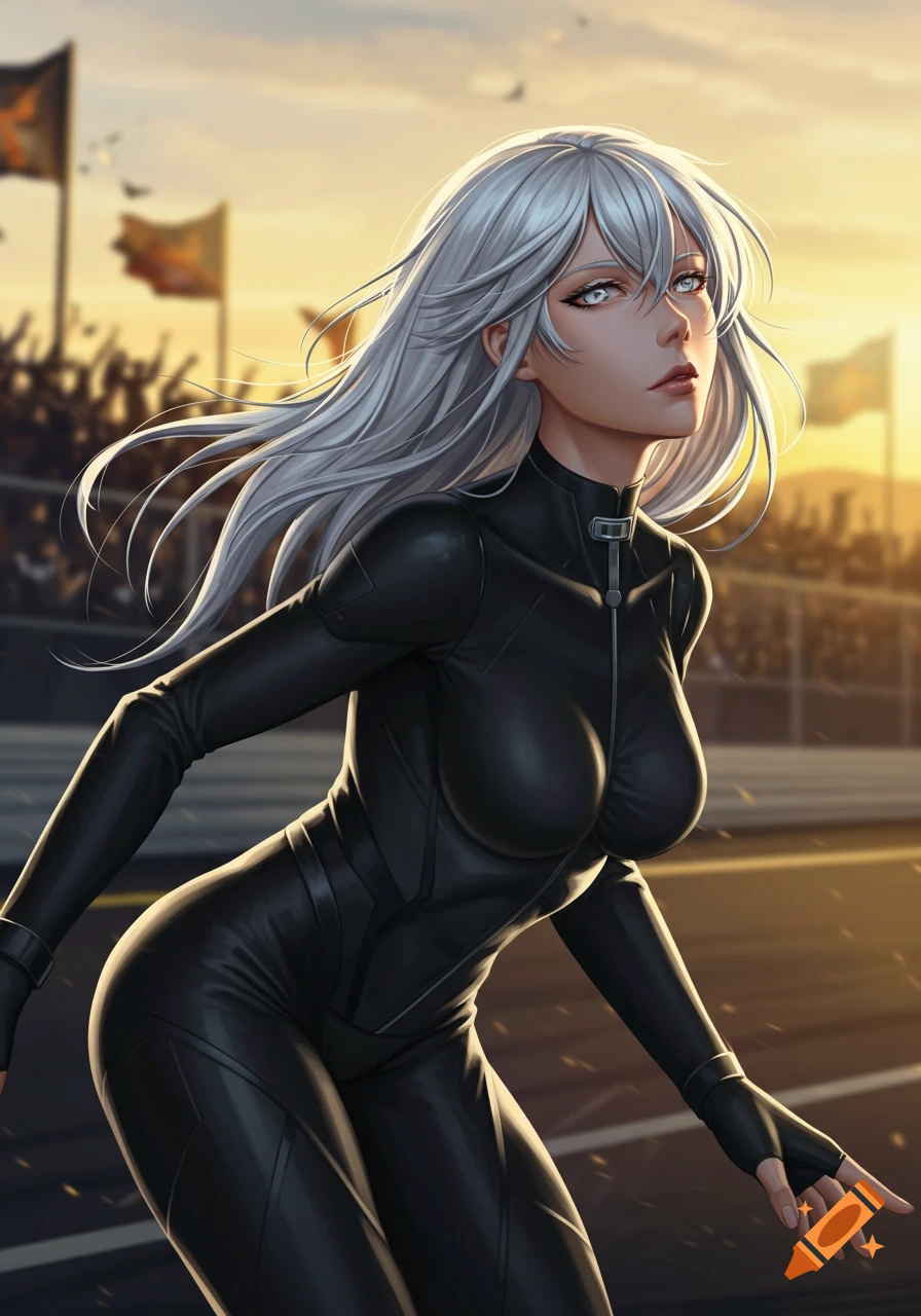 An anime woman with long silver hair and silver eyes wears a sleek black racing suit, looking up at a sunset sky over a race track with flags and a cheering crowd.