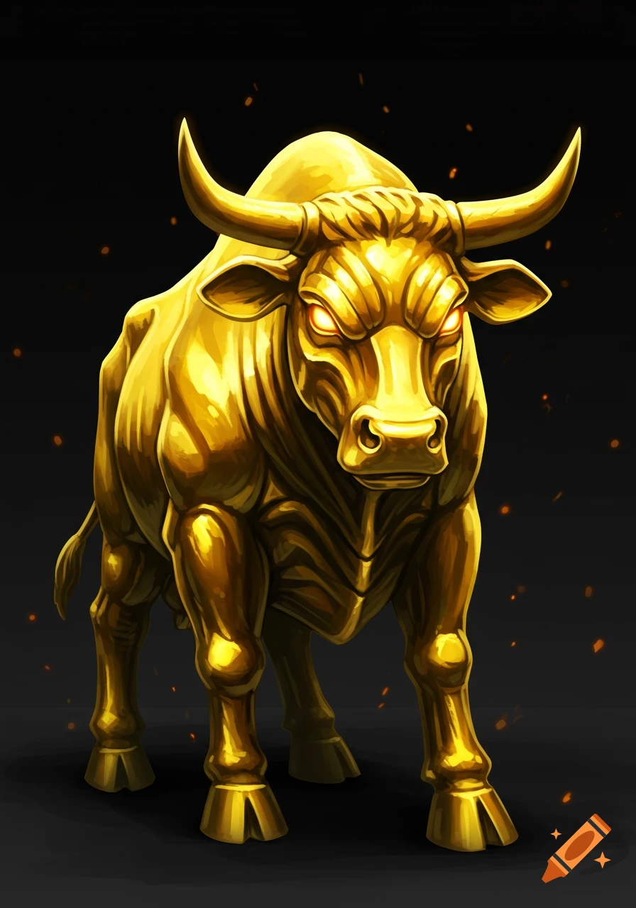 A menacing golden bull statue with glowing red eyes stands against a dark background, in an illustration style.