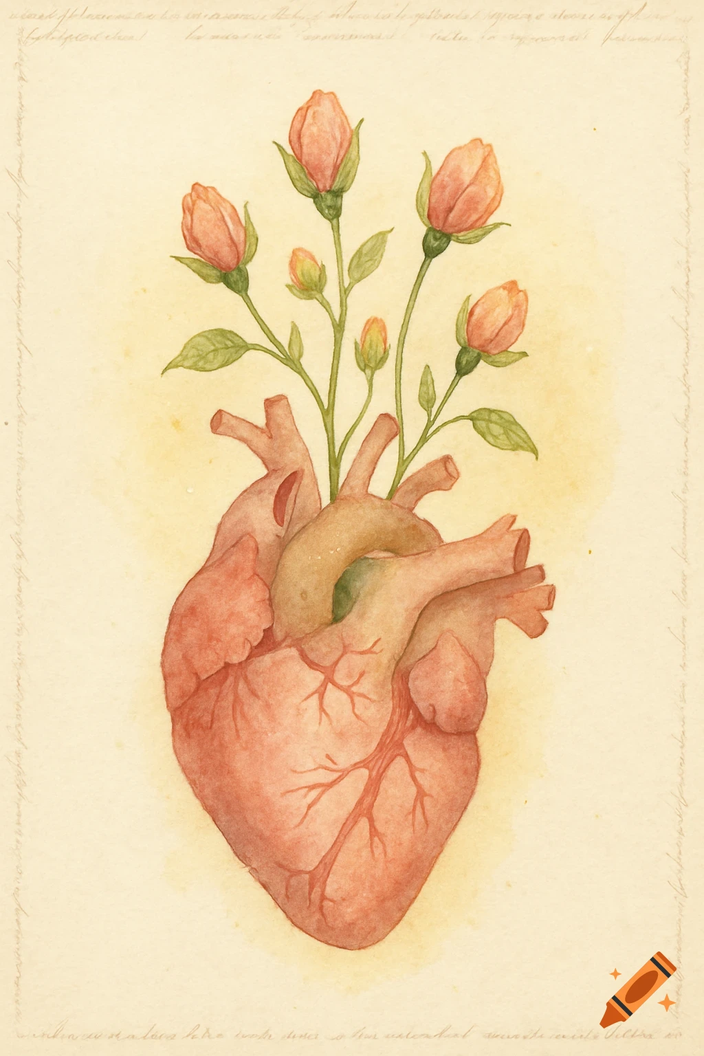 Watercolor illustration of a human heart with pink rose buds and green leaves blooming from its arteries, on a light beige background with faint script.
