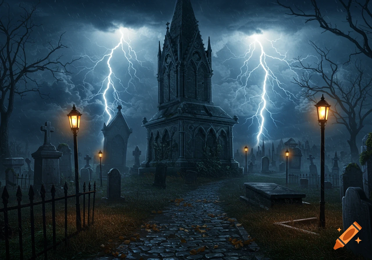 A spooky graveyard at night with a large gothic tomb in the center, lit by streetlights, under a stormy sky with lightning.
