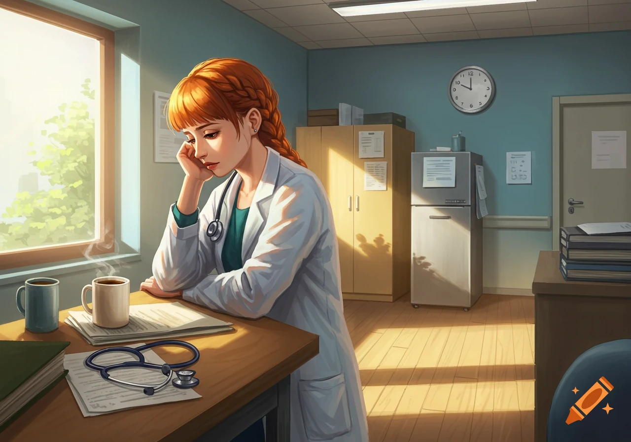 An anime-style female doctor with red braided hair, wearing a white coat, rests her head on her hand at a desk in a sunny office.
