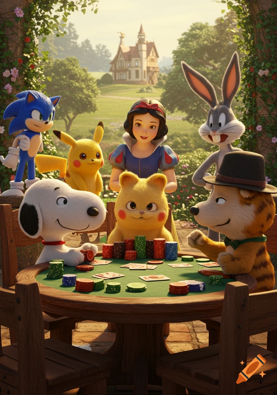 Photorealistic rendering of Snoopy, a yellow cat, and a dog in a hat playing poker with Sonic, Pikachu, Snow White, and Bugs Bunny watching in a lush garden with a mansion.