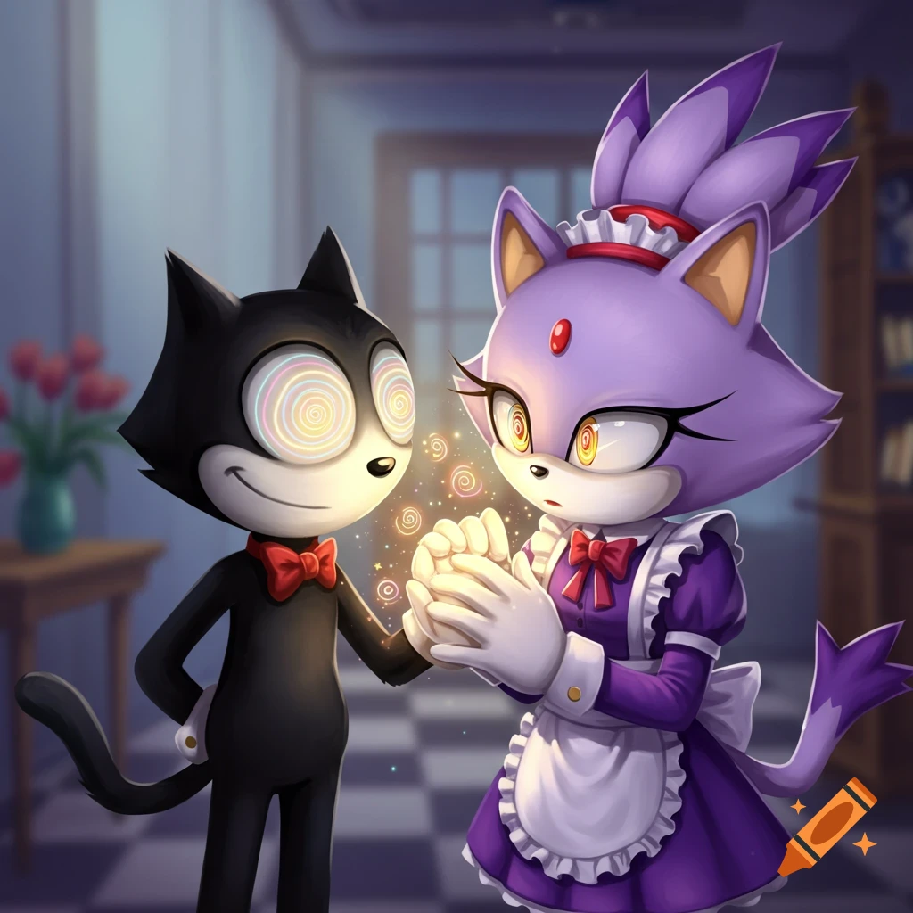 Felix the Cat with spiral eyes hypnotizes Blaze the Cat in a maid outfit, both having spiral eyes, cartoon style.