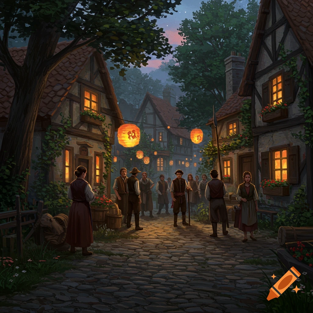 A cozy fantasy village at dusk, lit by glowing lanterns, with townsfolk gathered on a cobblestone street between half-timbered houses.