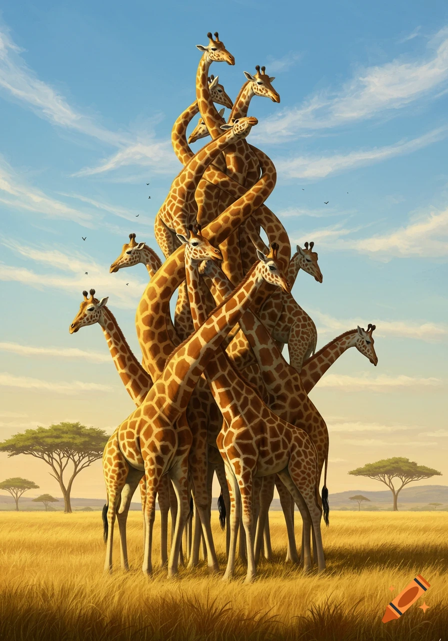 A surreal image of many giraffes with intertwined necks and bodies forming a tall tower, standing in a golden savanna.