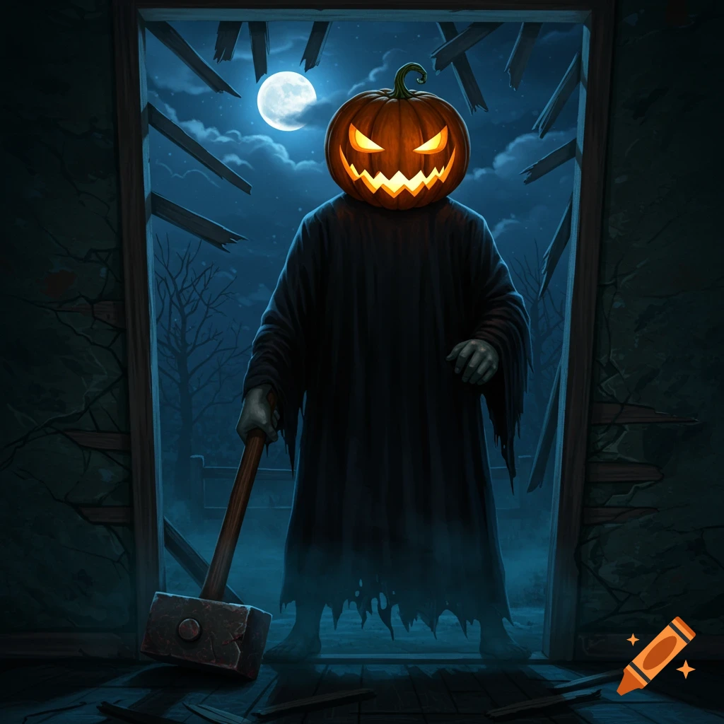 A creepy pumpkin-headed figure in black robes stands in a broken doorframe, holding a sledgehammer under a full moon.