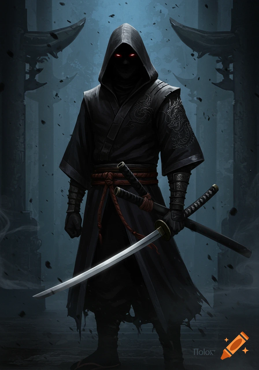 A dark, hooded ninja-like figure with red glowing eyes holds a katana, standing in a mystical dark setting.
