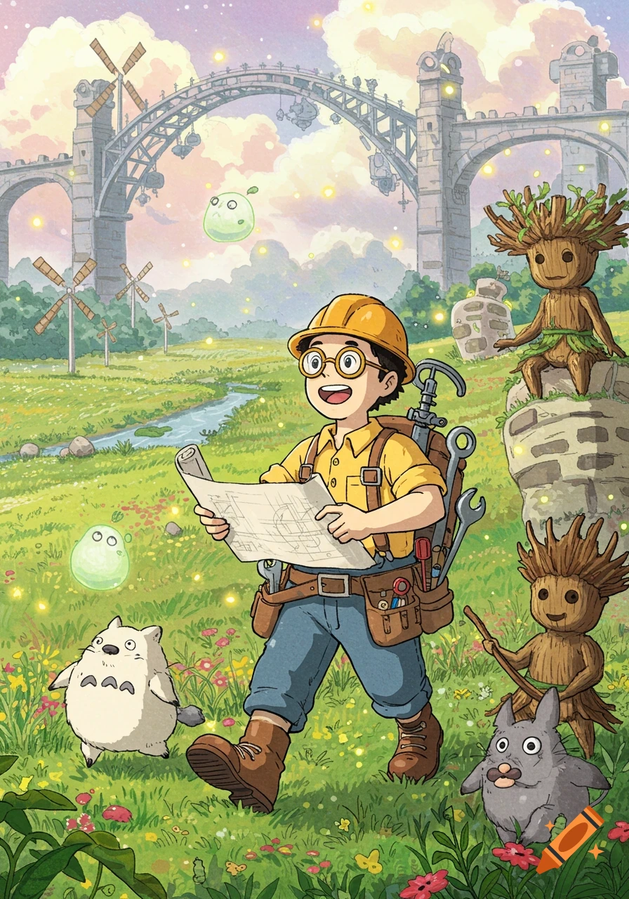 A Ghibli-style engineer in a hard hat holds blueprints, walking in a whimsical field with tree spirits, Totoro, a bridge, and windmills.