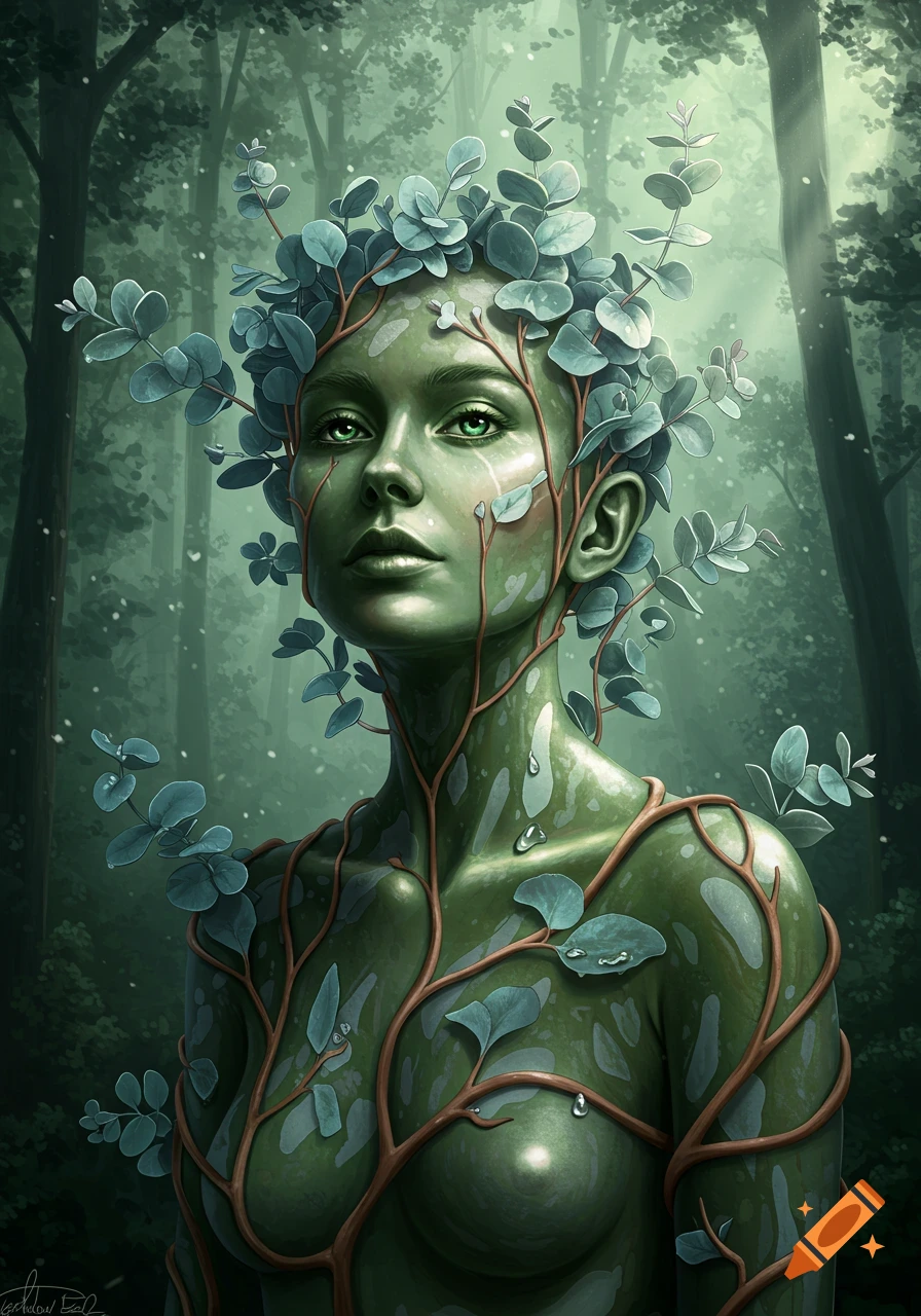 A stylized portrait of a green-skinned woman, with eucalyptus branches and leaves growing from her body, in a misty forest.