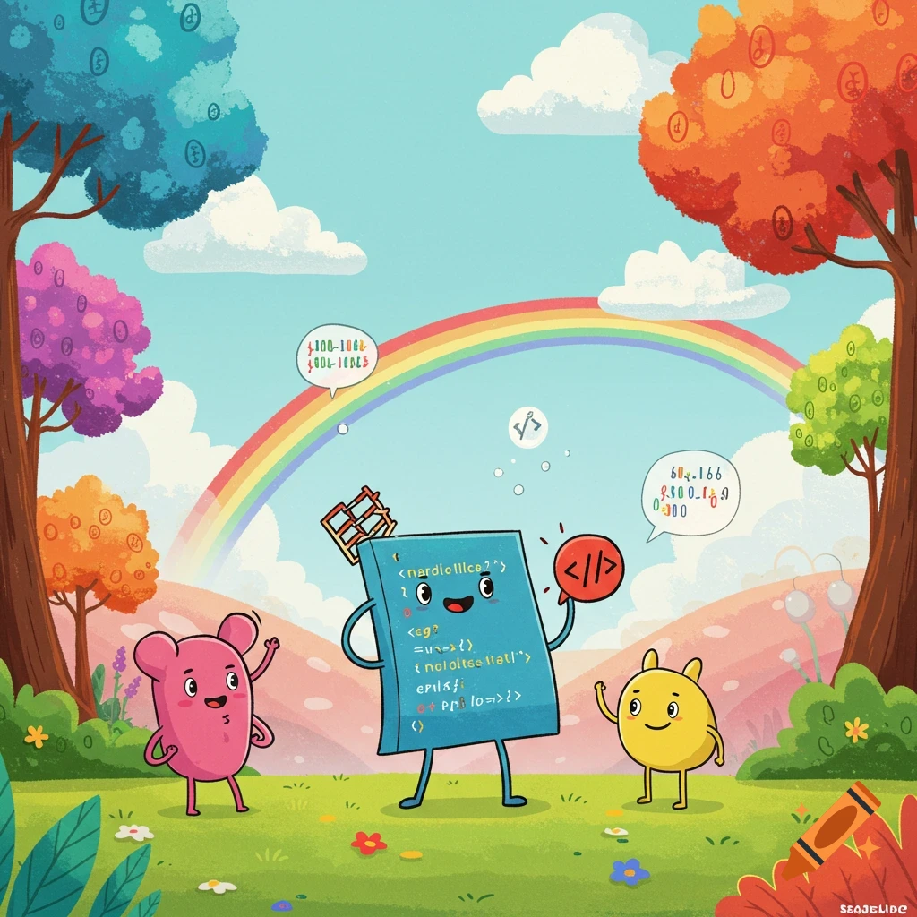 A whimsical cartoon shows a blue code-like character with a red speech bubble, a pink mouse-like creature, and a yellow blob creature in a colorful landscape with trees and a rainbow.