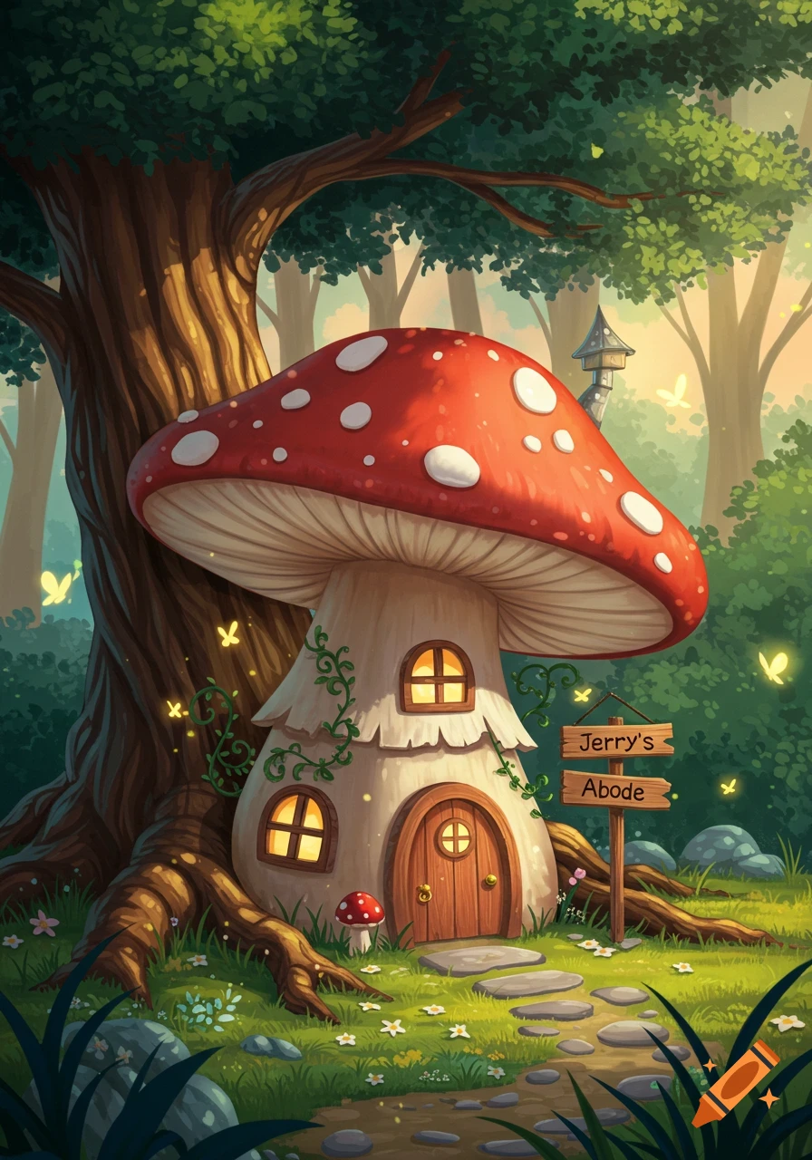 A whimsical cartoon illustration of a red and white mushroom house nestled in a lush, green forest with a 'Jerry's Abode' sign.