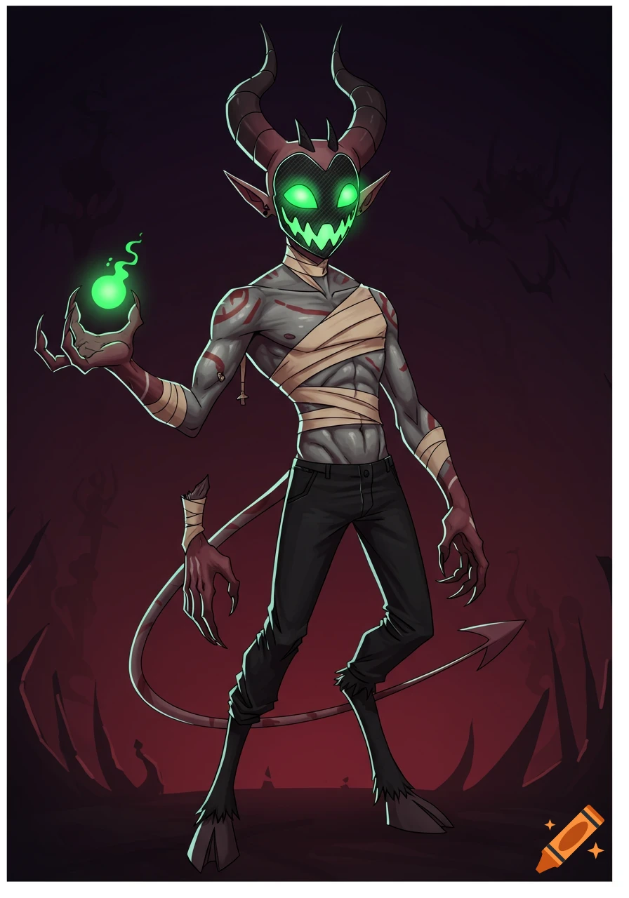 A stylized imp demon with horns and a glowing green jack-o'-lantern mask, wearing black pants and bandages, holding a green flame.