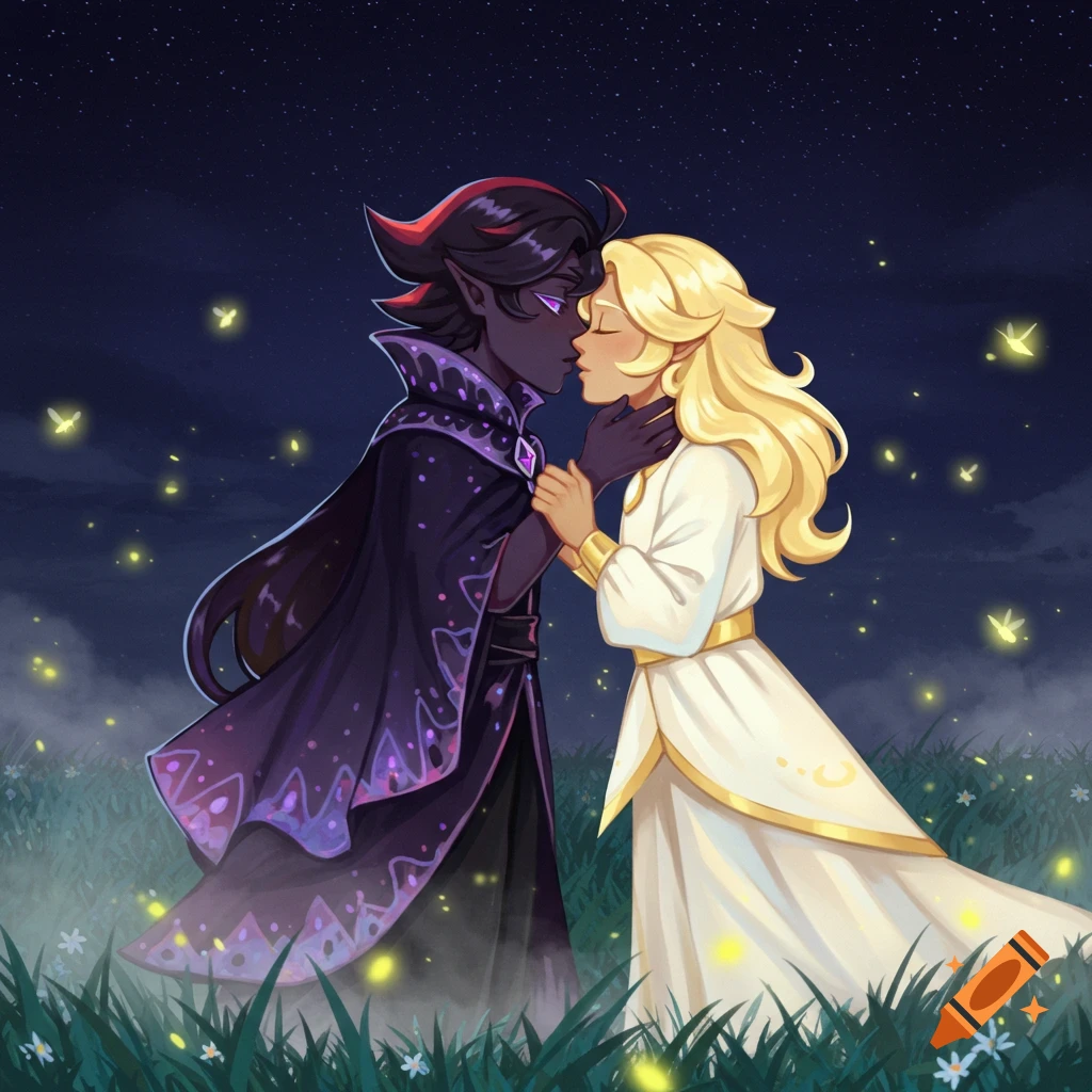 Anime illustration of two humanized fantasy characters kissing in a field filled with fireflies at night.