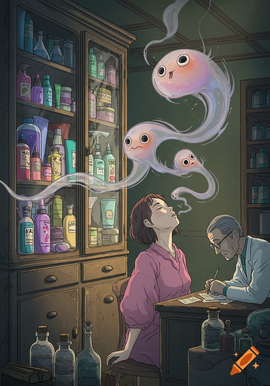 A woman inhales ghostly fumes from bottles in an apothecary while an old doctor writes, in Miyazaki style.