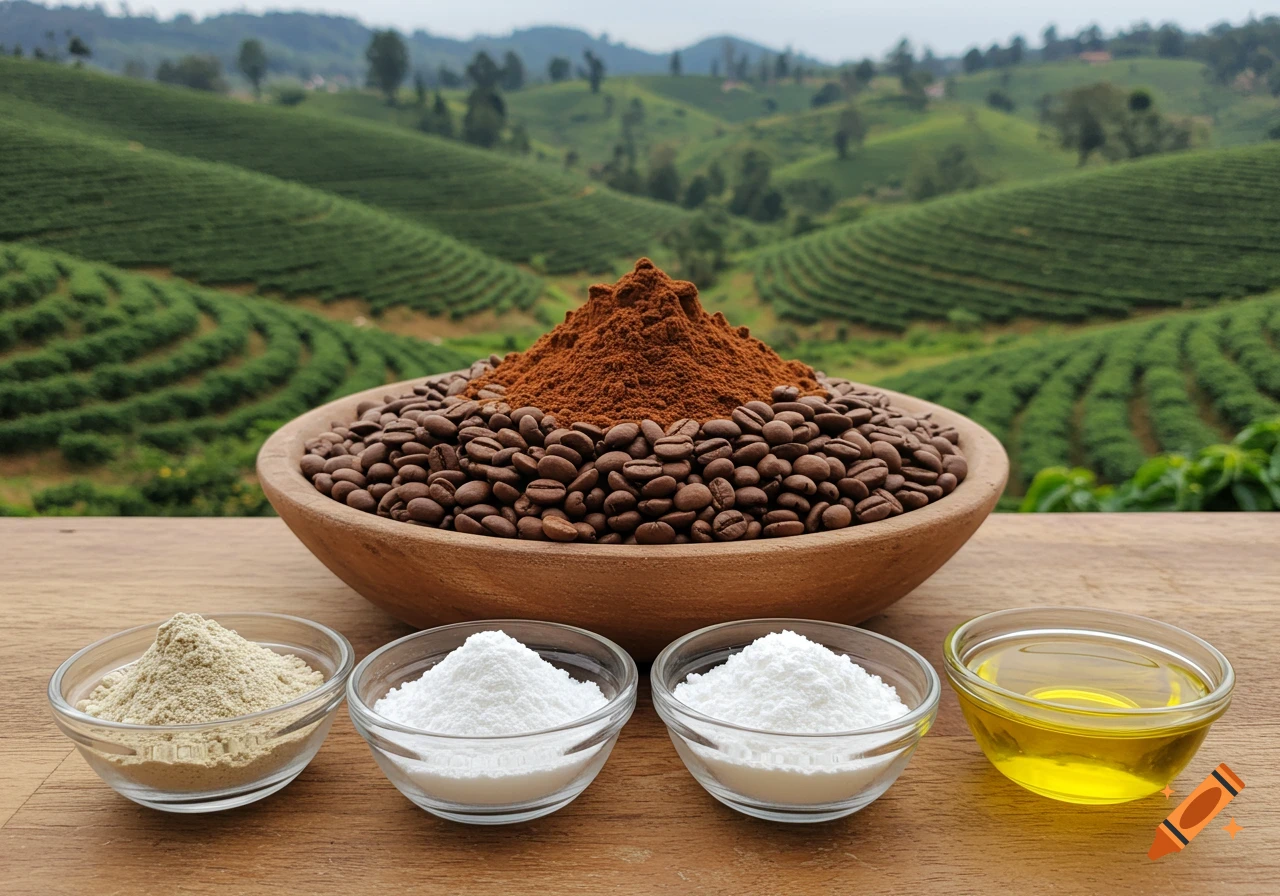 A wooden bowl of coffee beans and brown powder, with four small glass bowls of white powders and golden oil, on a table against a coffee plantation.