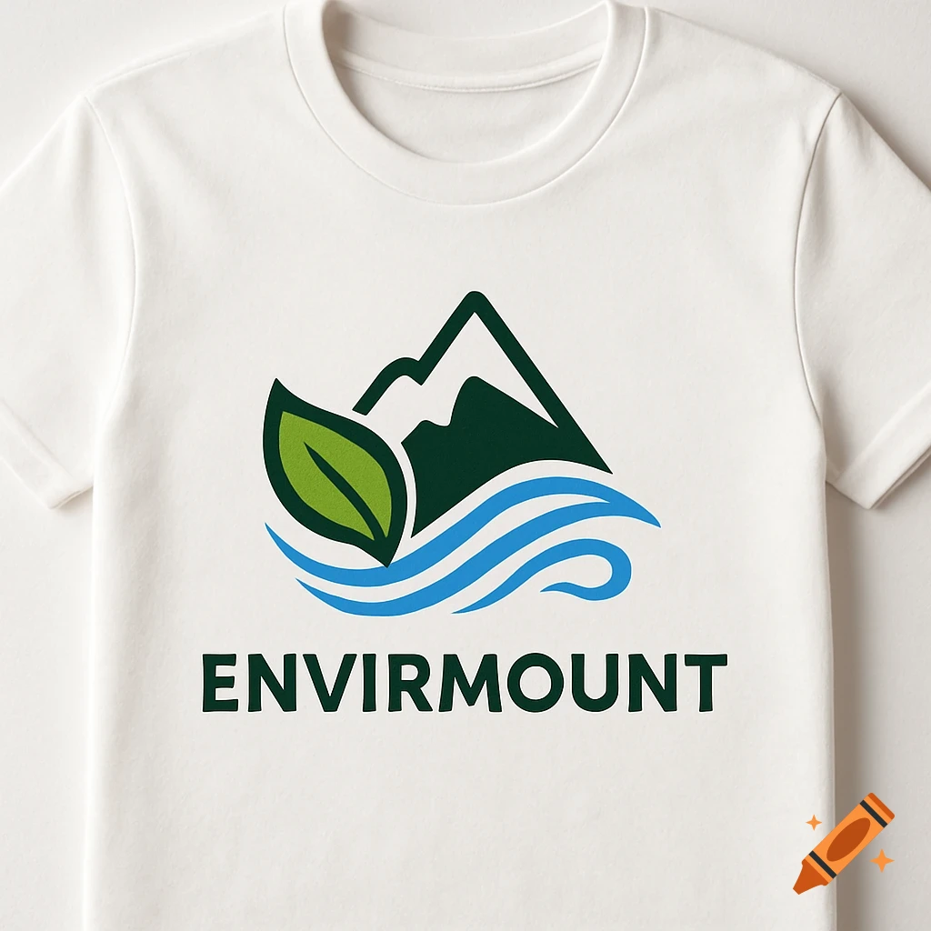 White t-shirt featuring a green and blue logo of a mountain, leaf, and waves, with the text 'ENVIRMOUNT' below.