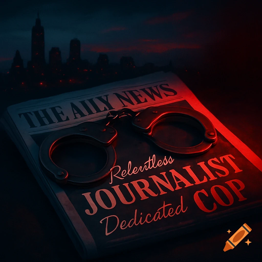 A pair of handcuffs rests on a newspaper under a red light, with a dark city skyline in the background. The newspaper reads "The Aily News" and "Relentless Journalist Dedicated Cop".