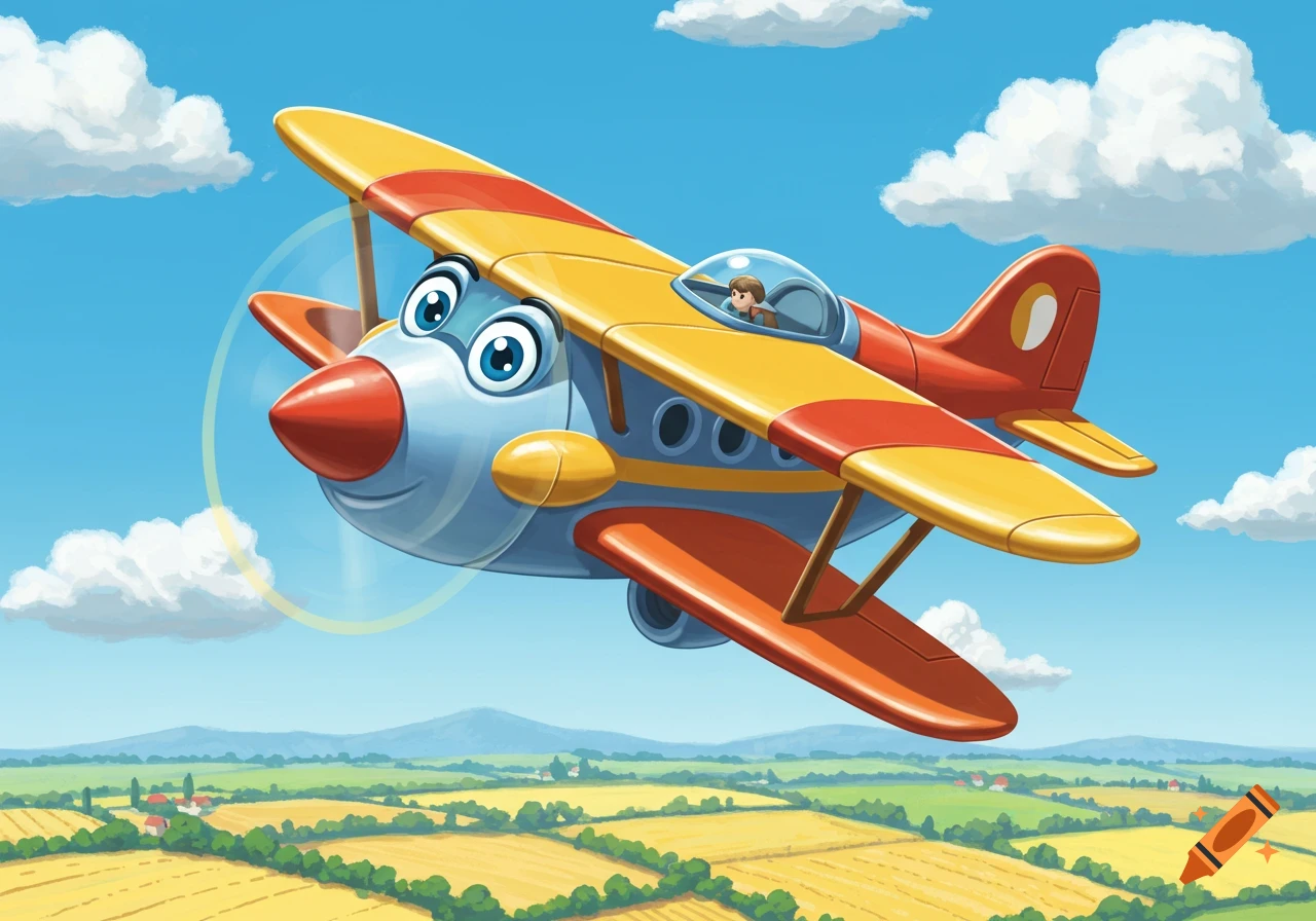 A smiling cartoon biplane with a pilot flies over green and yellow fields under a blue sky.