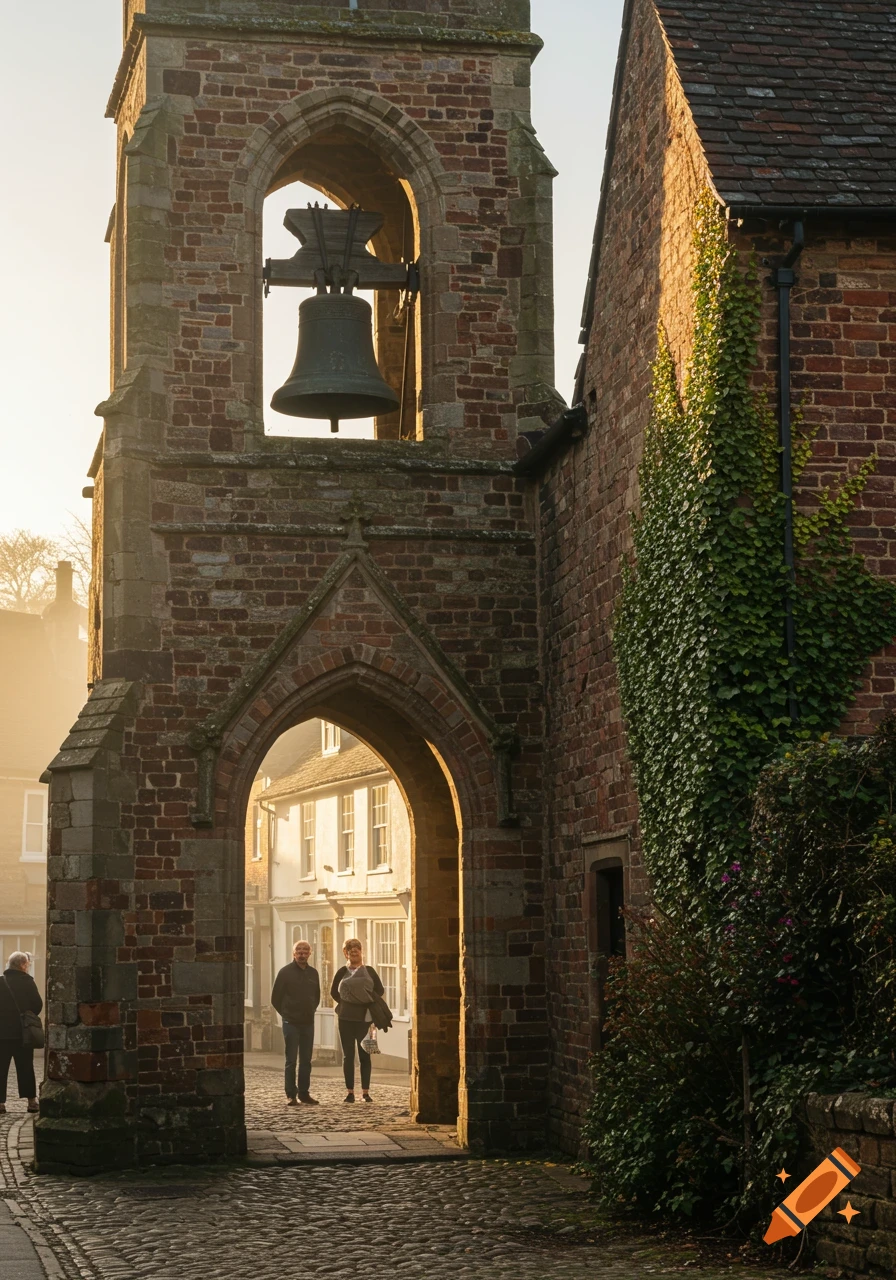 A historic brick archway with a large bell in a tower above, two people walk through the sunlit archway.