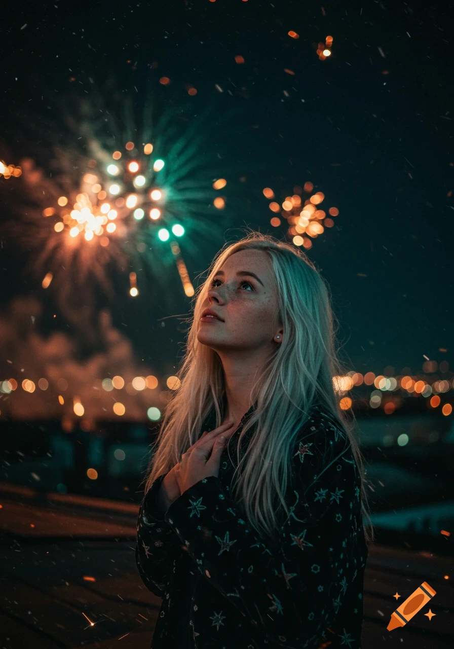 Blonde woman with freckles looking up at bursting fireworks in a night sky, with blurred city lights and falling sparks. Photorealistic style.