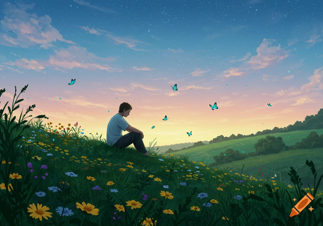 Illustrated person sits on a green hill filled with wildflowers under a starry sunset sky, with turquoise butterflies fluttering around.