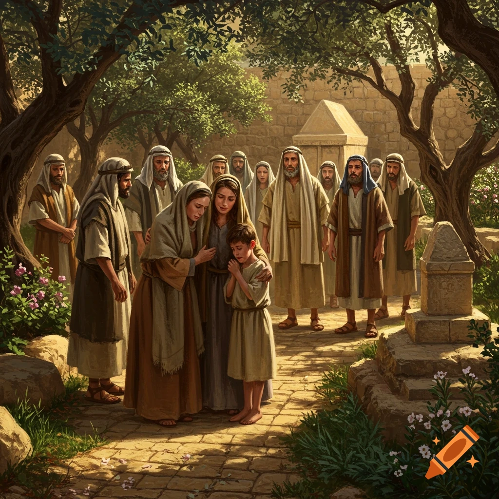 Realistic painting of a group of people mourning in an olive garden near a stone grave, with a woman comforting a crying boy.
