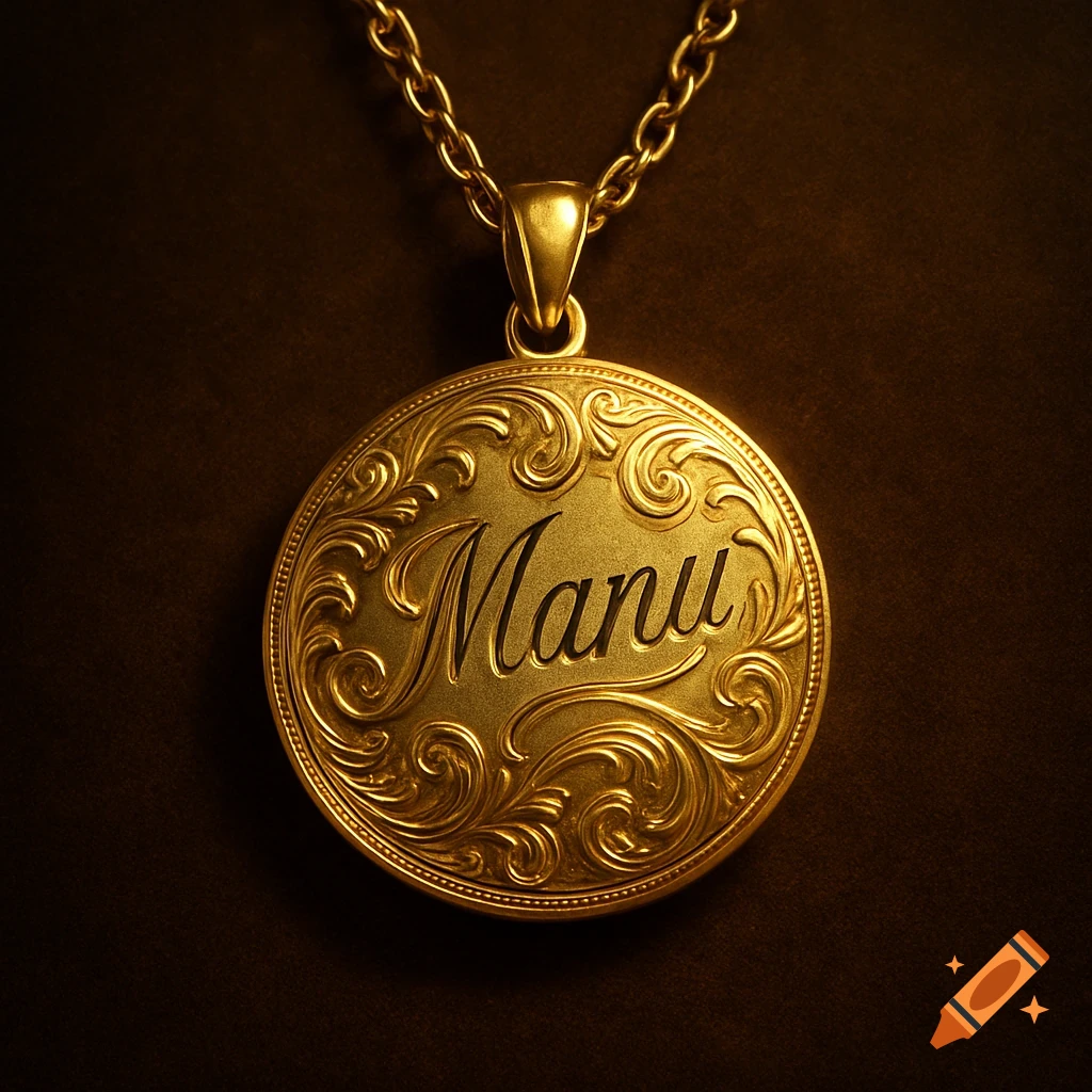 Ornate gold circular pendant with scrollwork and the name 'Manu' engraved, hanging from a gold chain on a dark background.