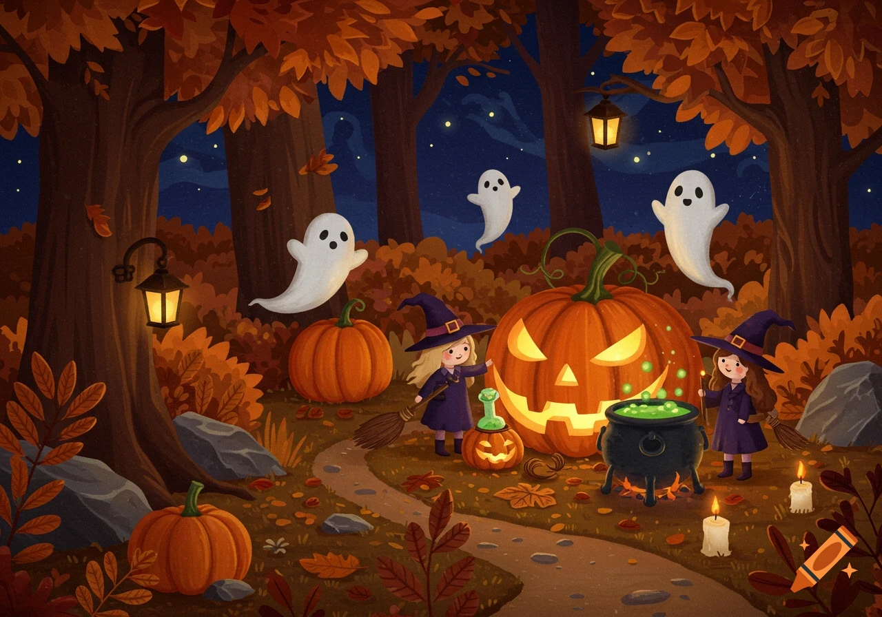 Whimsical illustration of two small witches, ghosts, and glowing pumpkins in an autumn forest at night.