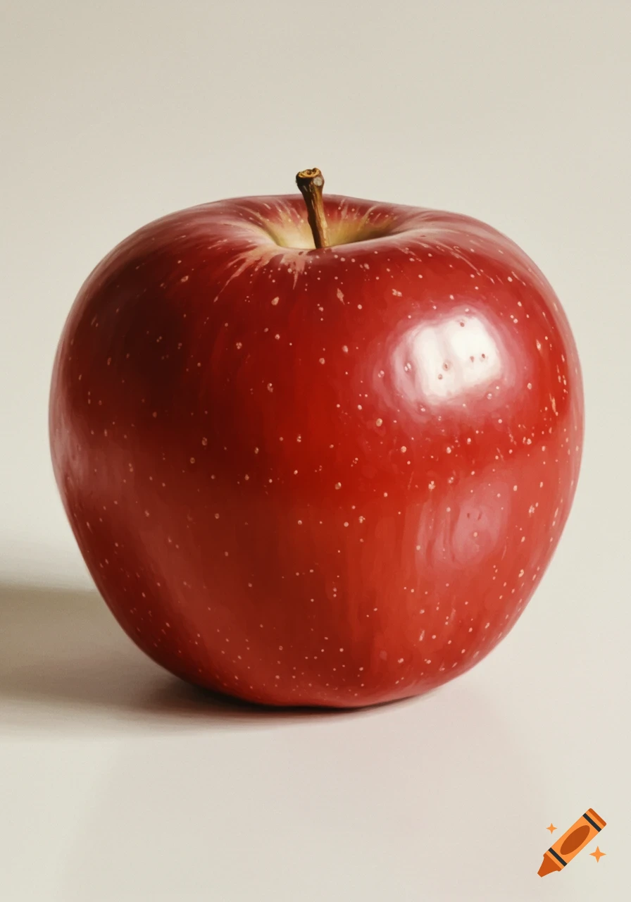 A single red apple with a short brown stem sits on a simple light background, depicted in a photorealistic style.