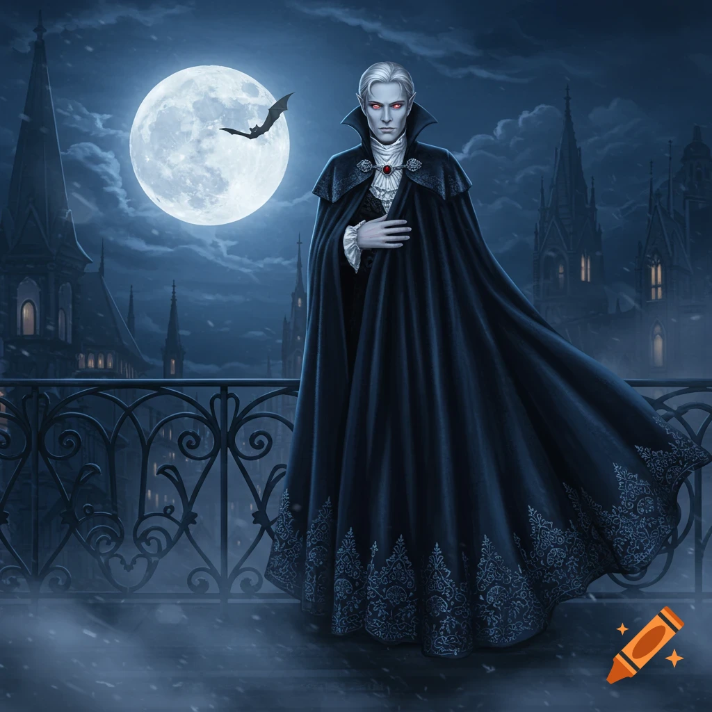 A pale vampire in a dark cape stands on a gothic castle balcony under a full moon with a bat flying.