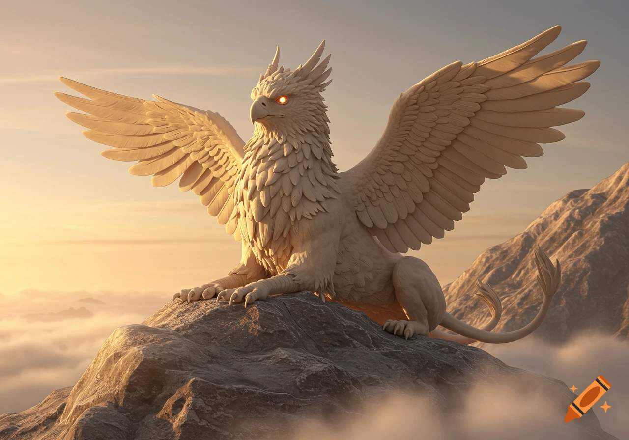 A majestic, light-colored griffin with glowing orange eyes and spread wings sits on a rocky mountain peak above clouds at sunset.